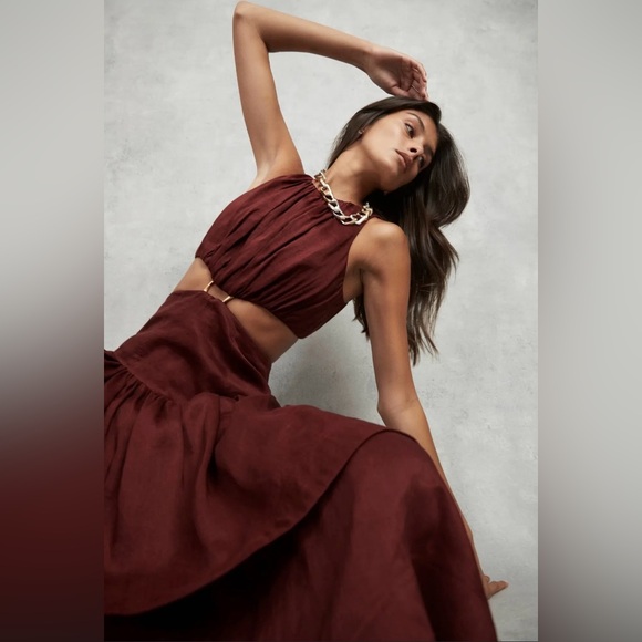 AJE CALIENTE CUT OUT MIDI DRESS MAROON RED,Cutout Layered Dress, Linen Blend - Picture 6 of 15